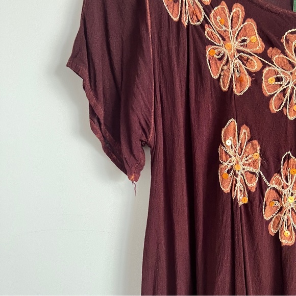 Sunflower Boho Embroidered Brown Orange Sequin Tunic Top Free Size - Picture 6 of 13